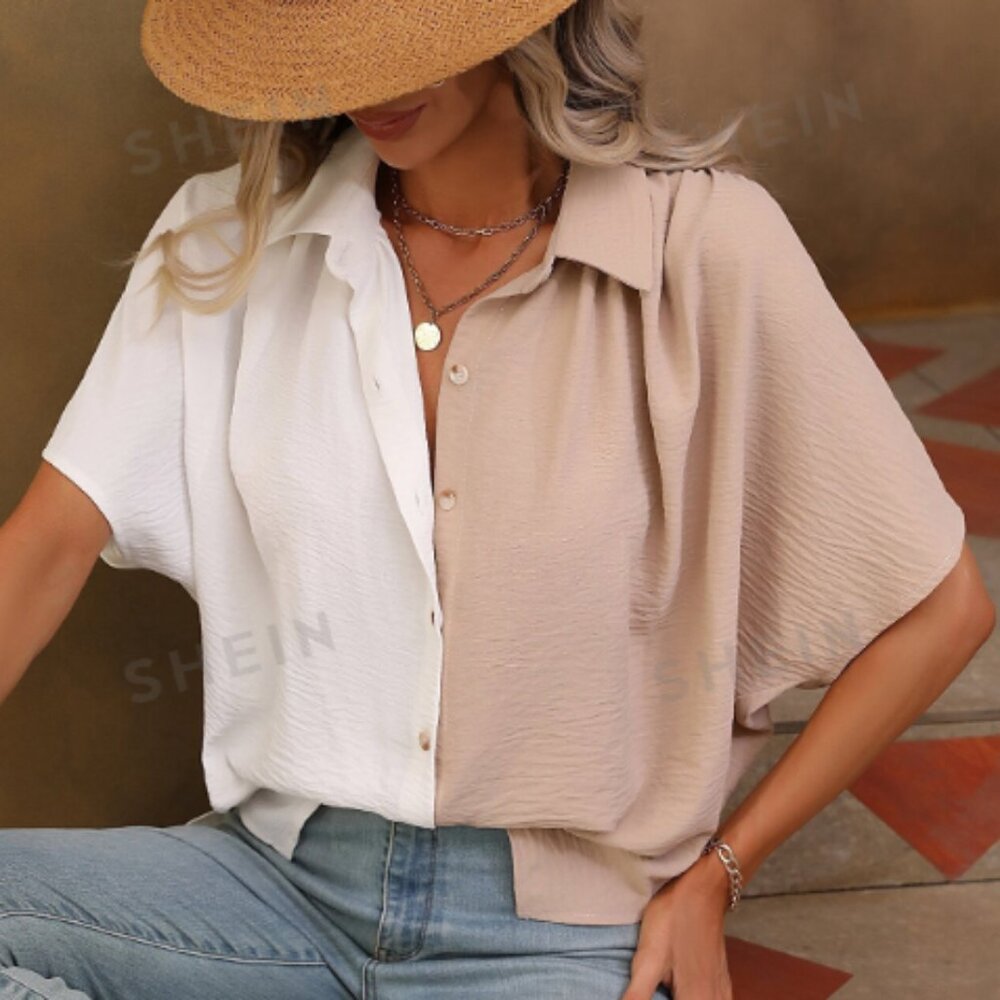 Two Tone Batwing Sleeve Button Front Shirt